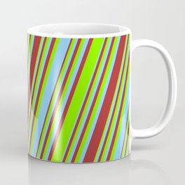 [ Thumbnail: Light Sky Blue, Brown, and Green Colored Striped/Lined Pattern Coffee Mug ]