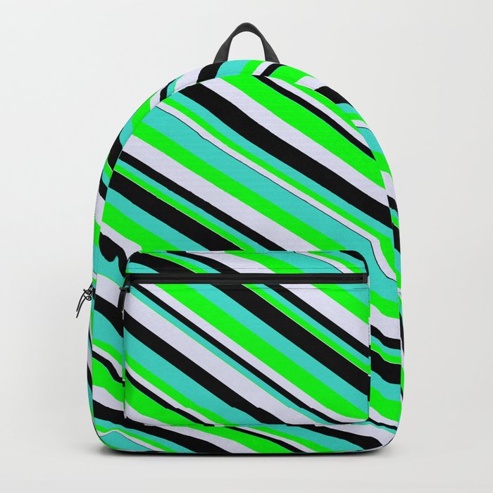 Turquoise, Lime, Lavender, and Black Colored Stripes/Lines Pattern Backpack