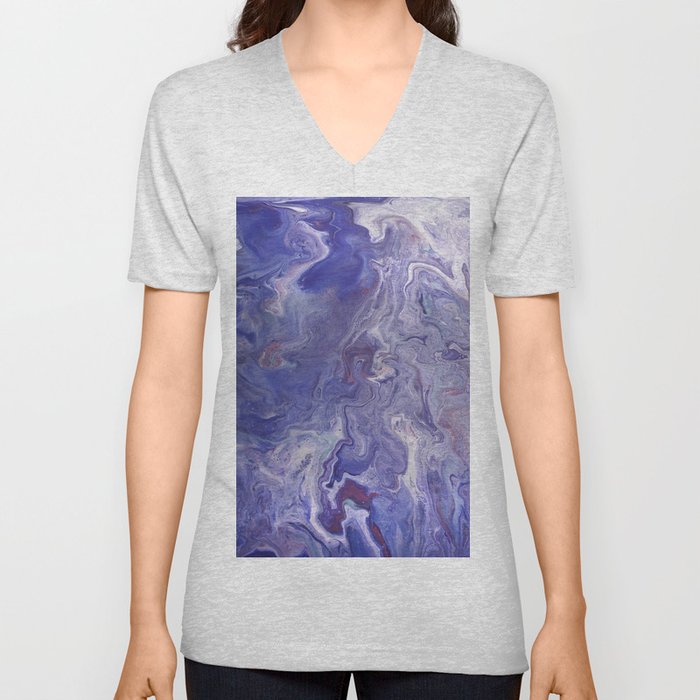 Fluid Art Acrylic Painting, Pour 4 - Purple, Blue & White Blended Color V Neck T Shirt