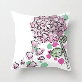 Rose Flower, Heart Shaped Leaves Falling, Watercolor  Throw Pillow