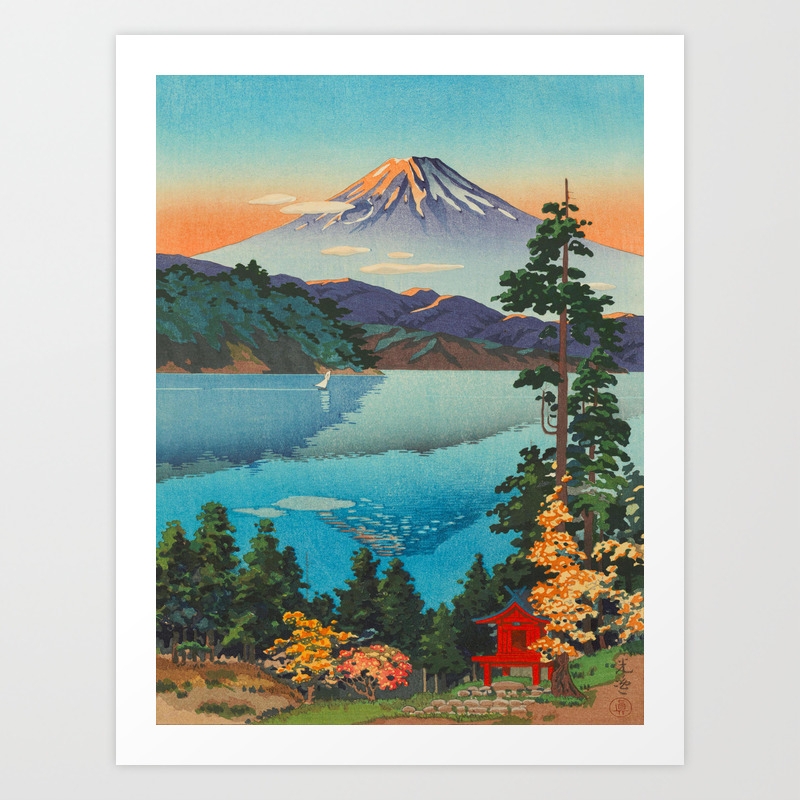 Japan Woodblock Colourful Trees River Framed Art Print Picture Mount 12x16 Inch 