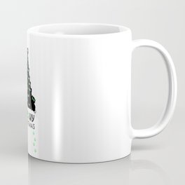 Christmas tree with black cat. ''Meowy Christmas'' text with paw prints. Happy new year greeting car Mug