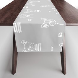 Light Grey and White Hand Drawn Dog Puppy Pattern Table Runner