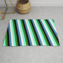 [ Thumbnail: Colorful Forest Green, Aquamarine, Mint Cream, Blue & Black Colored Stripes Pattern Rug ]