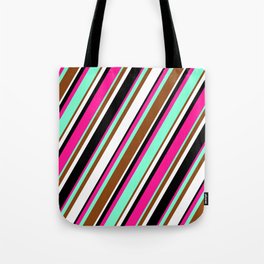 [ Thumbnail: Vibrant Deep Pink, Aquamarine, Brown, White, and Black Colored Striped Pattern Tote Bag ]