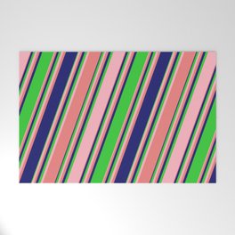 [ Thumbnail: Lime Green, Light Pink, Light Coral & Midnight Blue Colored Lines/Stripes Pattern Welcome Mat ]