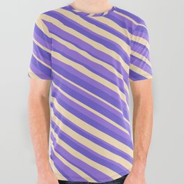 [ Thumbnail: Purple, Slate Blue, and Tan Colored Striped Pattern All Over Graphic Tee ]