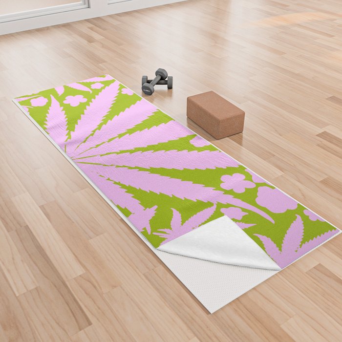 Retro Modern Cannabis And Flowers Pastel Pink On Green Yoga Towel
