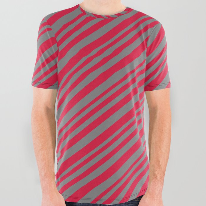 Crimson and Gray Colored Lined Pattern All Over Graphic Tee