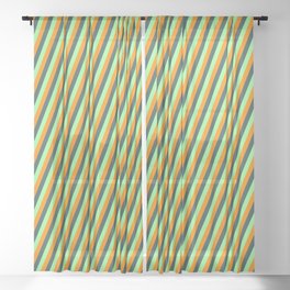 [ Thumbnail: Dark Slate Gray, Green, and Dark Orange Colored Pattern of Stripes Sheer Curtain ]