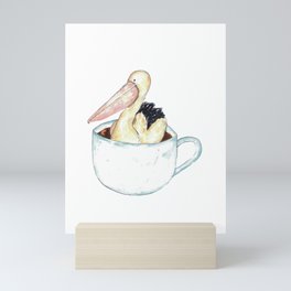 Pelican in tea cup watercolor painting print Mini Art Print