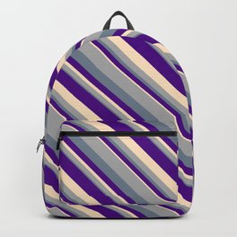 [ Thumbnail: Dark Gray, Slate Gray, Indigo, and Bisque Colored Stripes Pattern Backpack ]