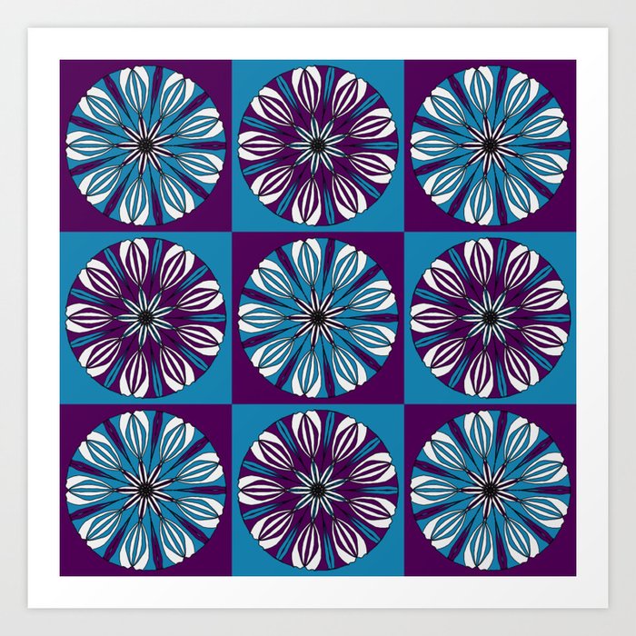 Retro Flowers in Purple & Turquoise Blue Art Print