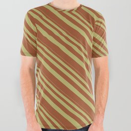 [ Thumbnail: Dark Khaki & Sienna Colored Lines Pattern All Over Graphic Tee ]