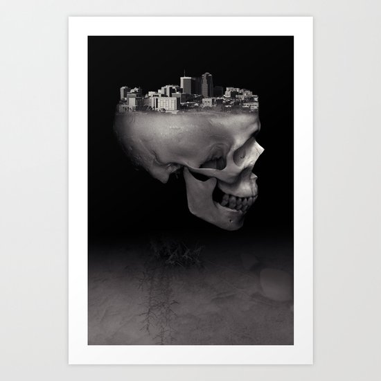 Urban Skull Horror Black and White City Art Print