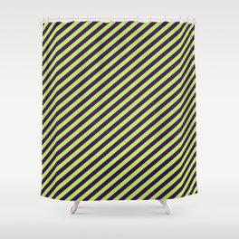 [ Thumbnail: Indigo and Light Green Colored Lined/Striped Pattern Shower Curtain ]