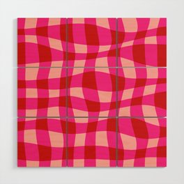 Warped Checkered Gingham Pattern (pink/red) Wood Wall Art