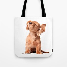 Young Puppy Listening to Music on Headphones Tote Bag