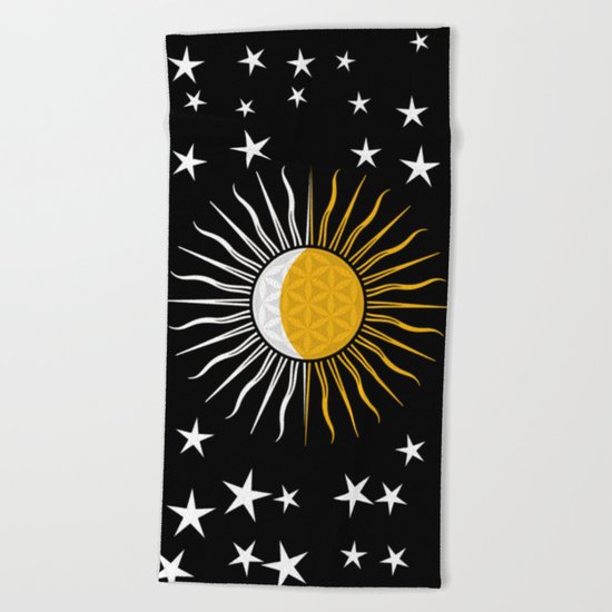 Lunar-Sol Flower Of Life Sun Moon & Stars Black White Yellow Beach Towel