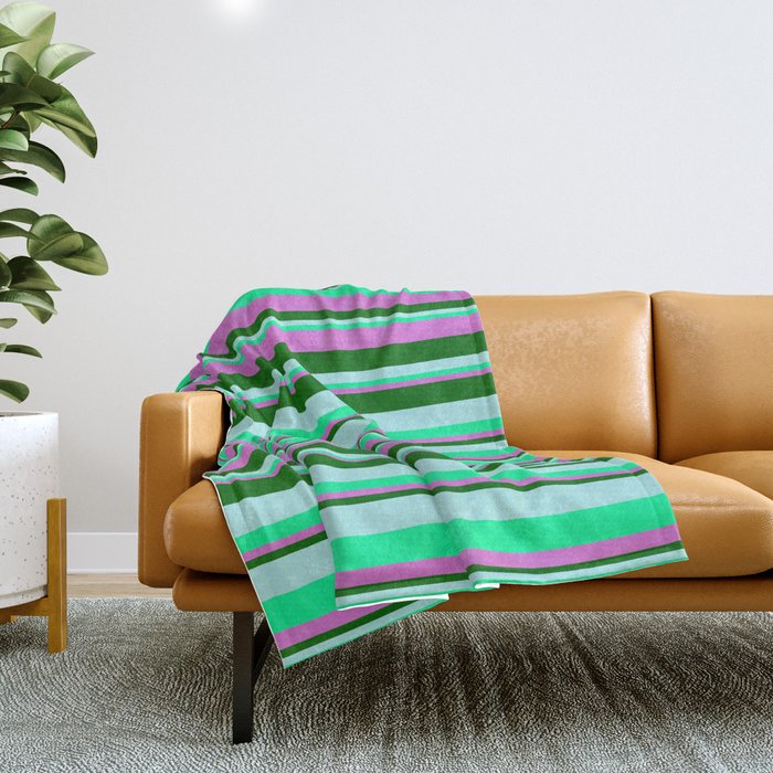 Turquoise, Green, Orchid & Dark Green Colored Striped/Lined Pattern Throw Blanket