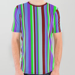 [ Thumbnail: Vibrant Maroon, Powder Blue, Lime, Purple & Cornflower Blue Colored Striped Pattern All Over Graphic Tee ]