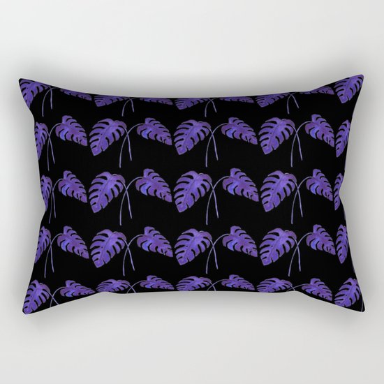 Indigo Monstera Leaf Watercolor on Black Rectangular Pillow