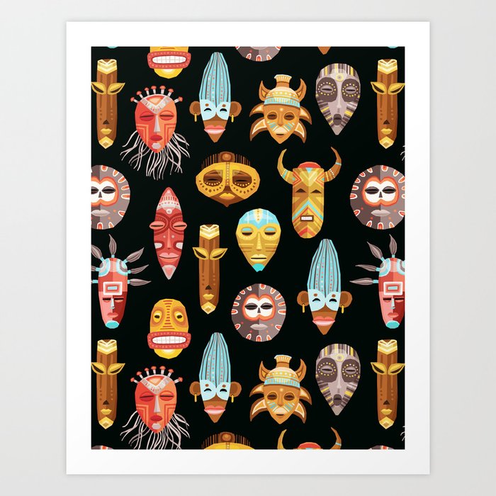 African Ethnic Oriental Boho Tribal Masks Seamless Pattern Art Print