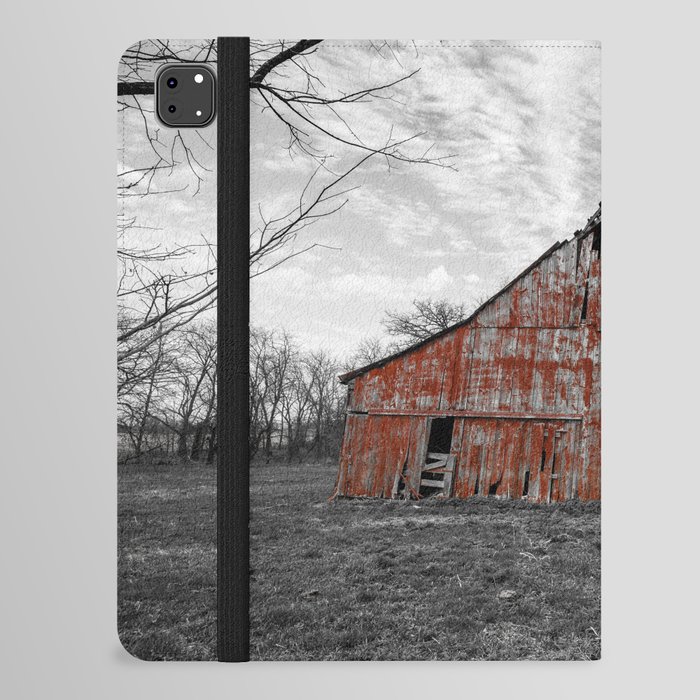 Worn Paint - Rustic Red Barn Against Black and White Landscape on Early Spring Day in Missouri iPad Folio Case