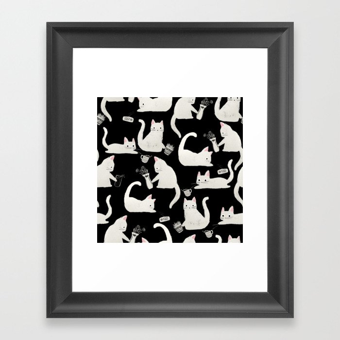 Bad Cats Knocking Things Over, Black & White Framed Art Print