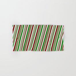 [ Thumbnail: Festive, Christmas-Style Green, White & Red Colored Stripes Pattern Hand & Bath Towel ]