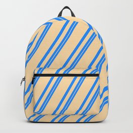 [ Thumbnail: Blue and Tan Colored Stripes Pattern Backpack ]
