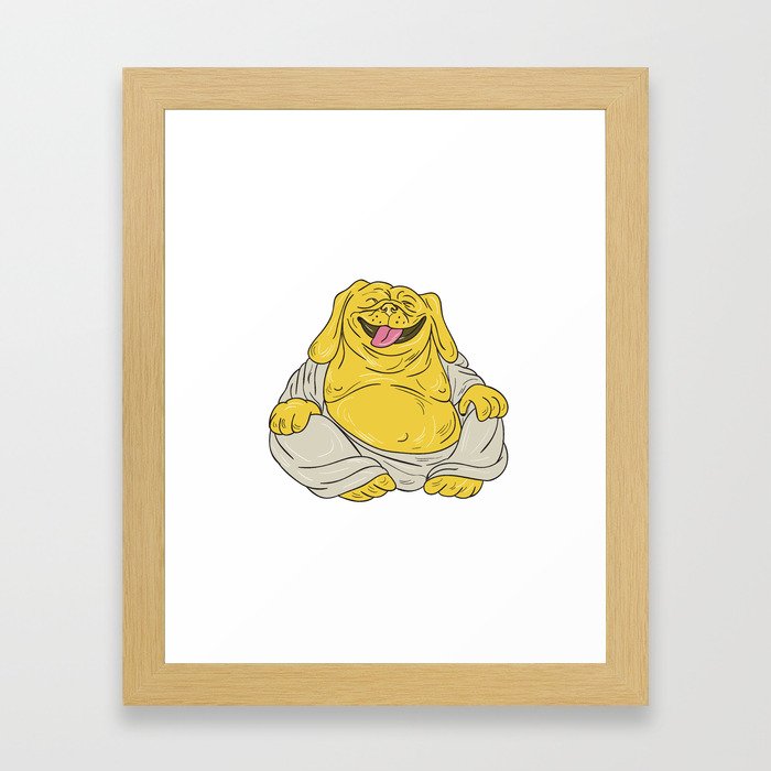 Laughing Bulldog Buddha Sitting Cartoon Framed Art Print