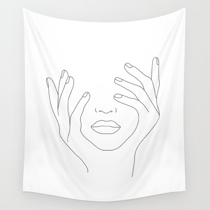 Minimal Line Art Woman with Hands on Face Wall Tapestry