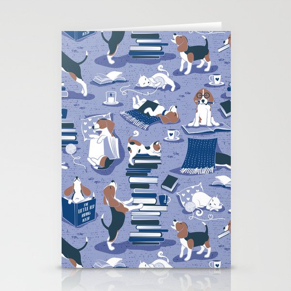 Life is better with books a hot drink and a friend // indigo blue background brown white and blue beagles and cats and classic blue cozy details Stationery Cards