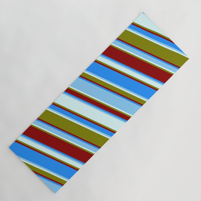 Vibrant Blue, Light Sky Blue, Light Cyan, Green & Dark Red Colored Lined/Striped Pattern Yoga Mat