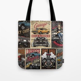 Custom cars vintage colorful posters with lowrider muscle and hot rod cars turbo engine classic retro automobile pretty tattooed woman holding spanner vintage illustration Tote Bag