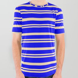 [ Thumbnail: Beige and Blue Colored Stripes Pattern All Over Graphic Tee ]