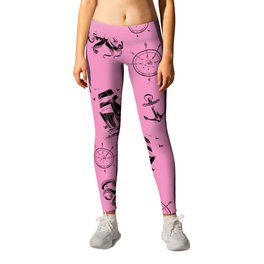 Pink And Black Silhouettes Of Vintage Nautical Pattern Leggings