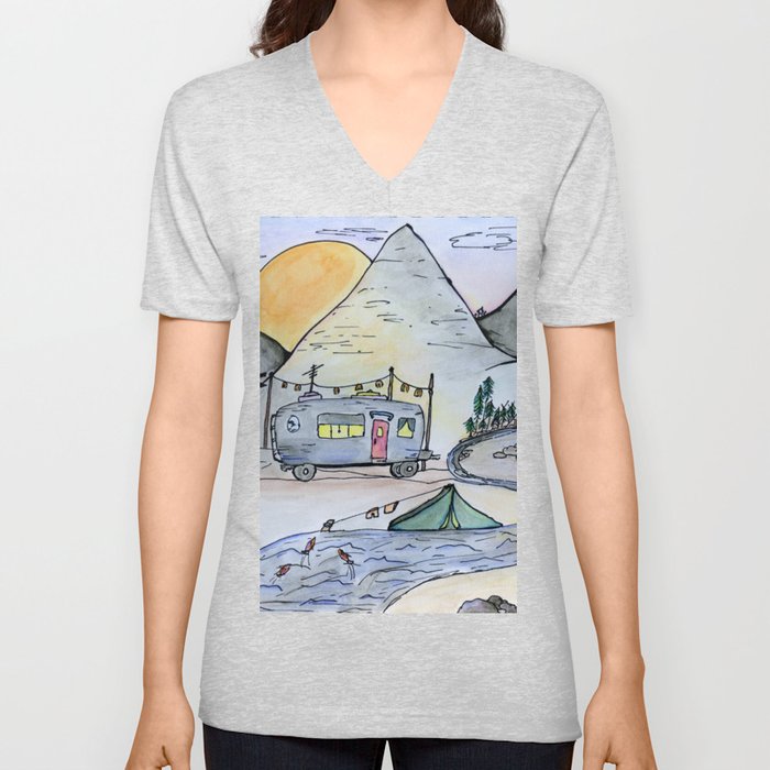Vintage camping van in the mountains under a full moon- Illustration V Neck T Shirt