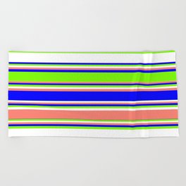 [ Thumbnail: Blue, Green, White, and Salmon Colored Lined Pattern Beach Towel ]