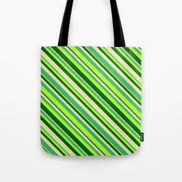 [ Thumbnail: Light Green, Dark Green, Pale Goldenrod & Sea Green Colored Lines Pattern Tote Bag ]