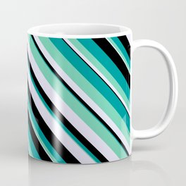 [ Thumbnail: Dark Cyan, Aquamarine, Lavender & Black Colored Pattern of Stripes Coffee Mug ]