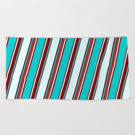 [ Thumbnail: Dark Turquoise, Brown, Light Cyan, and Maroon Colored Lined/Striped Pattern Beach Towel ]