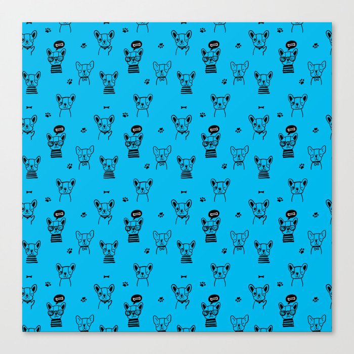 Turquoise and Black Hand Drawn Dog Puppy Pattern Canvas Print