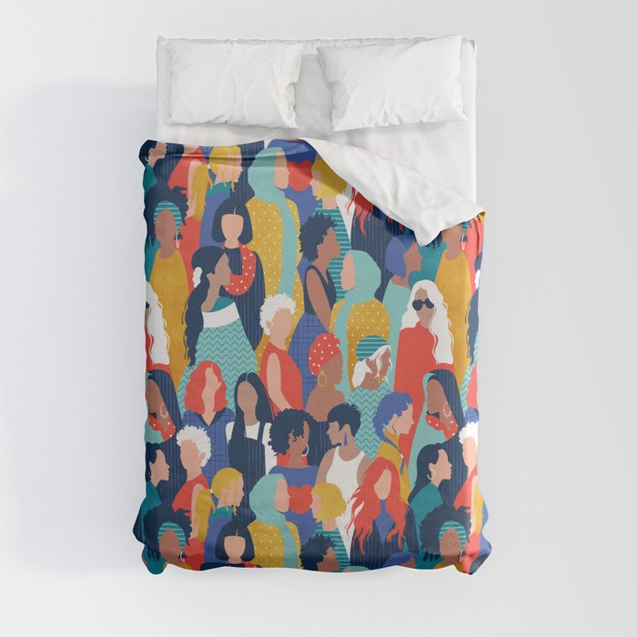 Every day we glow International Women's Day // midnight navy blue background teal, mint, electric blue neon orange red and gold humans  Duvet Cover