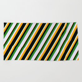 [ Thumbnail: Forest Green, Lavender, Orange & Black Colored Striped Pattern Beach Towel ]