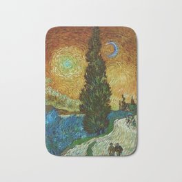 Road with Cypress and Star; Country Road in Provence by Night, oil-on-canvas post-impressionist landscape painting by Vincent van Gogh in alternate gold twilight sky Bath Mat