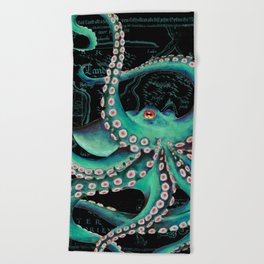 Teal Octopus Watercolor Vintage Map Dance Beach Towel