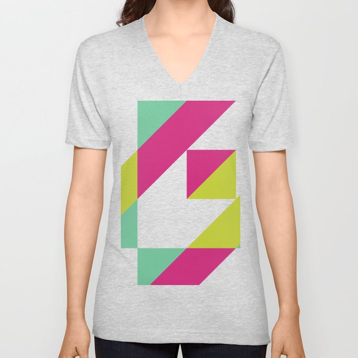 Hot Pink and Neon Chartreuse Color Block V Neck T Shirt