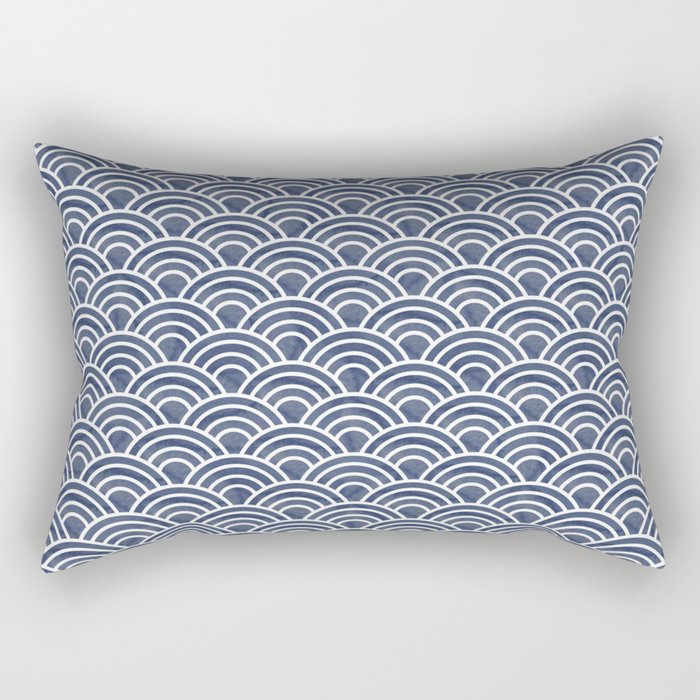 Dark Blue Japanese Seigaiha Wave - Watercolor Ocean Art, Classic Blue Pattern Rectangular Pillow